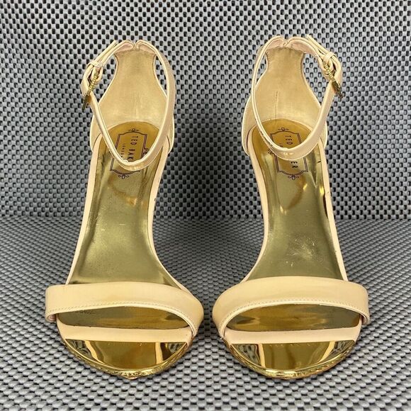 Ted Baker London Heels Womens Size 39.5 Gold Metallic Open Toe Ankle Strap - Picture 1 of 15